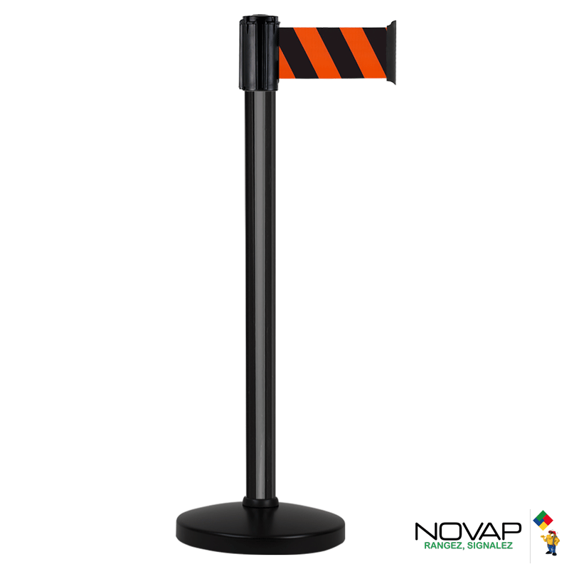 Poteau Alu Noir laqué à sangle Orange/Noir hachuré 3m x 100mm sur socle portable - 2700382