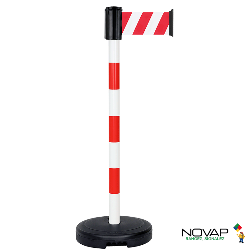 Poteau PVC Rouge/Blanc à sangle Rouge/Blanc hachuré 3m x 100mm sur socle 9kg à lester - 2800235