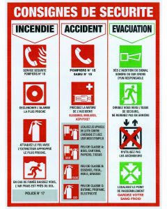 Panneau consignes de sécurité pour incendie, accident et évacuation 460X320mm - 4300337