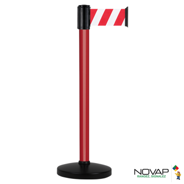 Poteau Alu Rouge laqué à sangle Rouge/Blanc hachuré 3m x 100mm sur socle portable - Novap