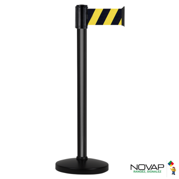 Poteau Alu Noir laqué à sangle Jaune/Noir hachuré 3m x 100mm sur socle portable - Novap