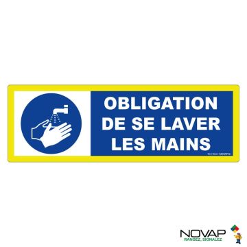 Panneau Obligation de se laver les mains - haute visibilité - 450x150mm - Novap