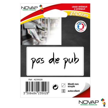 Sticker Pas de pub - modèle transparent Noir - 80 x 40 mm - Novap