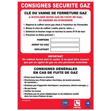 Panneau Consignes sécurité gaz - Rigide 210x297mm - Novap