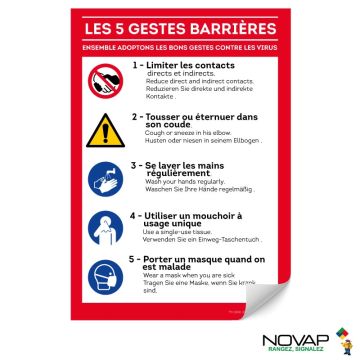 Panneau Les 5 gestes barrières - Adhésif A4 - Novap