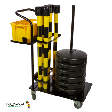 Chariot de signalisation maintenance - 6 Poteaux PVC à sangle 4M Jaune/Noir - 6100461