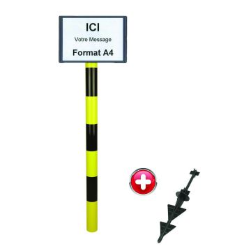 Poteau PVC grande hauteur Jaune/Noir sur pointe avec support d'information A4 - 2000611