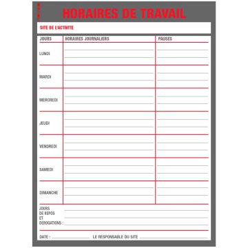 Panneau affichage des horaires de travail 400x300mm - 4300351