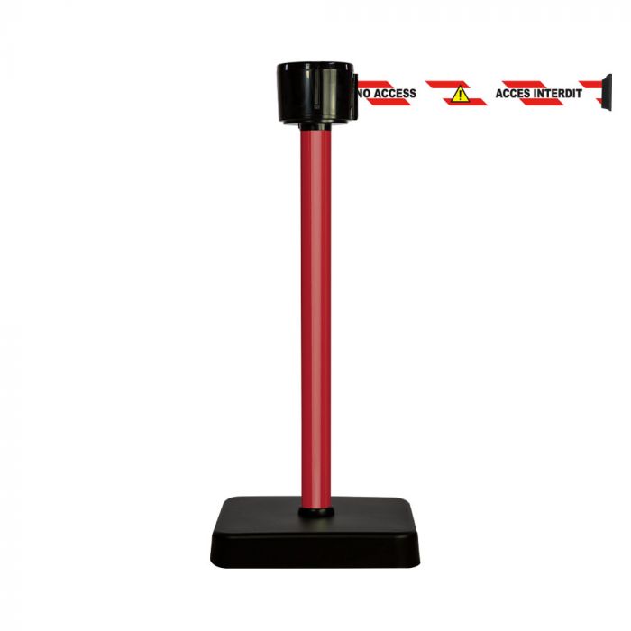 Poteau alu rouge à sangle grande longueur accès interdit trilingue 12m x 50mm sur socle mobile - Novap