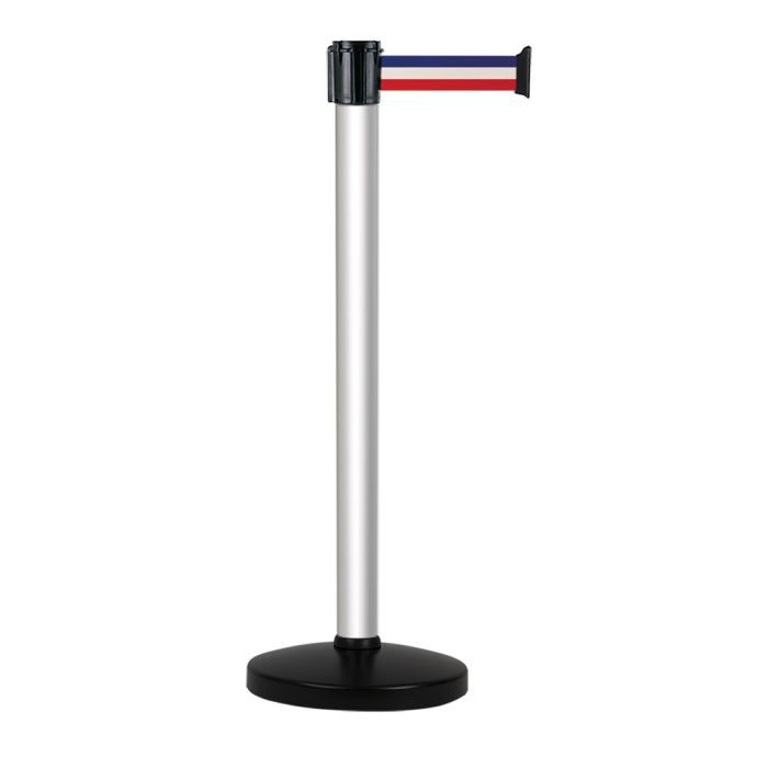 Poteau alu anodisé à sangle Bleu/Blanc/Rouge sur socle portable - Novap