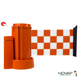 Dérouleur mural magnétique Orange avec sangle damier Orange/Blanc 3m x 100mm - 2053761